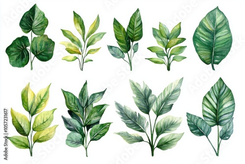 botanical watercolor art, watercolor botanical painting of tropical plant leaves on a white background, perfect for design purposes