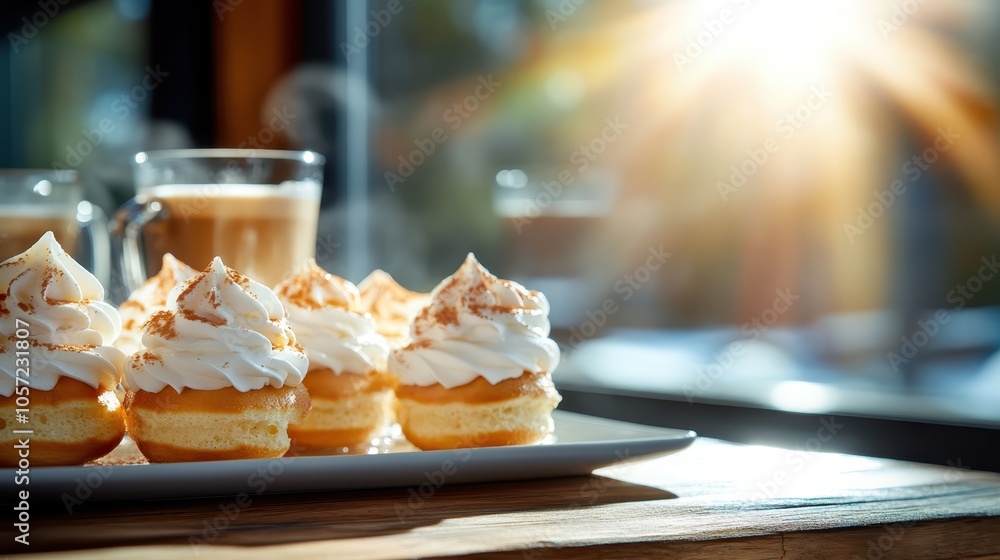 A sunlit table is adorned with a plate of cupcakes, their frosting brilliantly detailed, accompanied by a steaming cup of coffee, creating a warm and inviting scene. A sunlit table is adorned with a plate of cupcakes, their frosting brilliantly detailed, accompanied by a steaming cup of coffee, creating a warm and inviting scene.