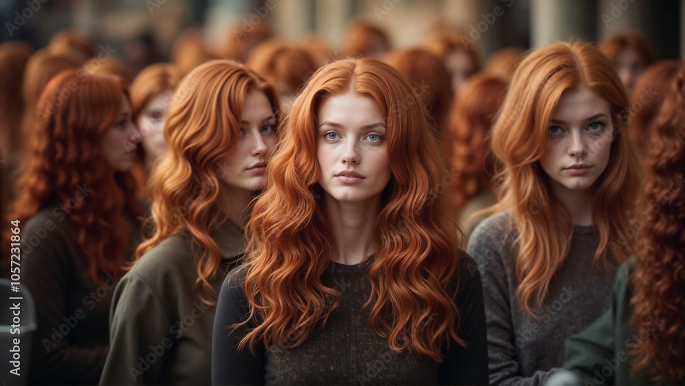 Redhead woman among a crowd of redhead girls, photo for Redhead Day illustration
Redhead woman among a crowd of redhead girls, photo for Redhead Day illustration