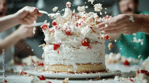 A joyful cake smash extravaganza, where friends indulge in a playful dessert chaos, celebrating with laughter and spirited energy in a festive atmosphere. photo