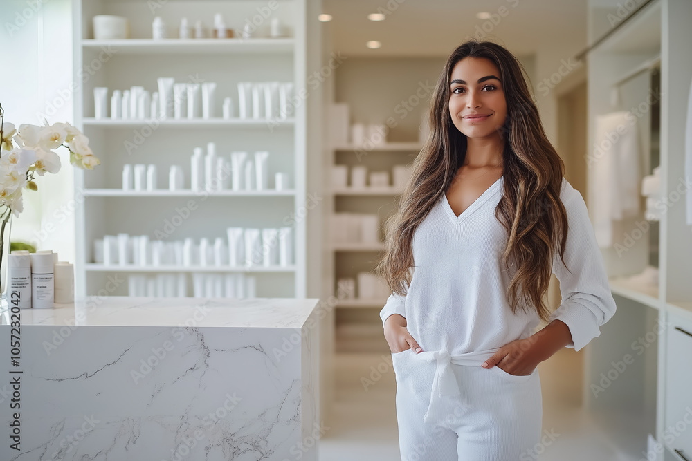 Professional Cosmetology Consultant in Modern Skincare Clinic with Shelves of Beauty Products Professional Cosmetology Consultant in Modern Skincare Clinic with Shelves of Beauty Products