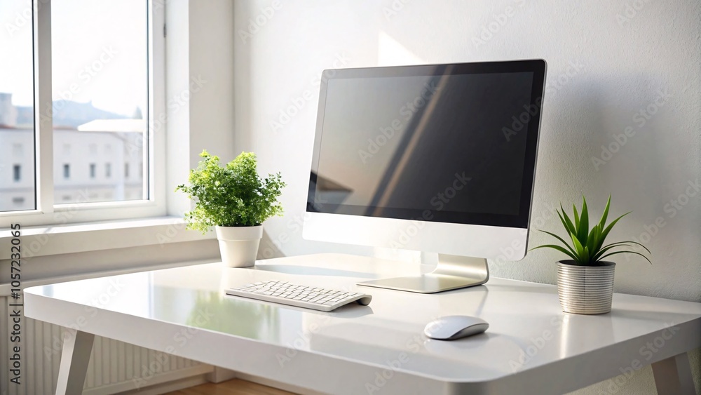 Modern Home Office, Sunset City view, Computer on wood desk, minimalist design V8 Modern Home Office, Sunset City view, Computer on wood desk, minimalist design V8