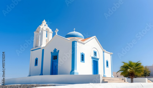 A picturesque Goan church with blue accents against a clear blue sky isolated with white shades, png photo