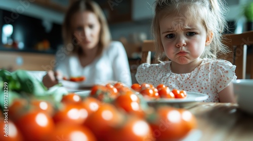 A little girl with a pouty face sits at a table brimming with red tomatoes and greens, while a woman in the background sets the mood in this kitchen scene. photo