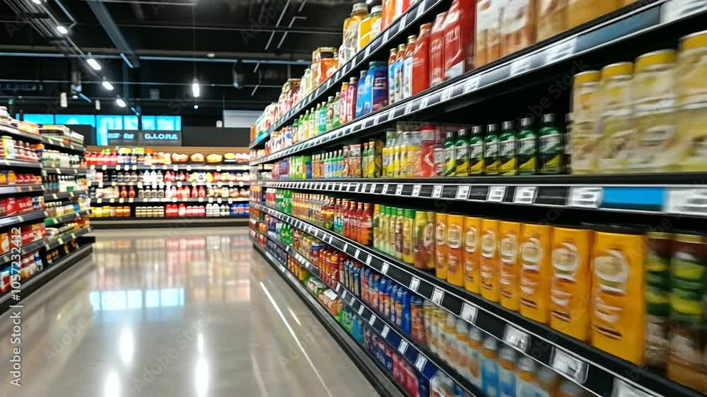 A wide supermarket aisle with well-organized shelves, each filled with an array of brightly colored products A wide supermarket aisle with well-organized shelves, each filled with an array of brightly colored products