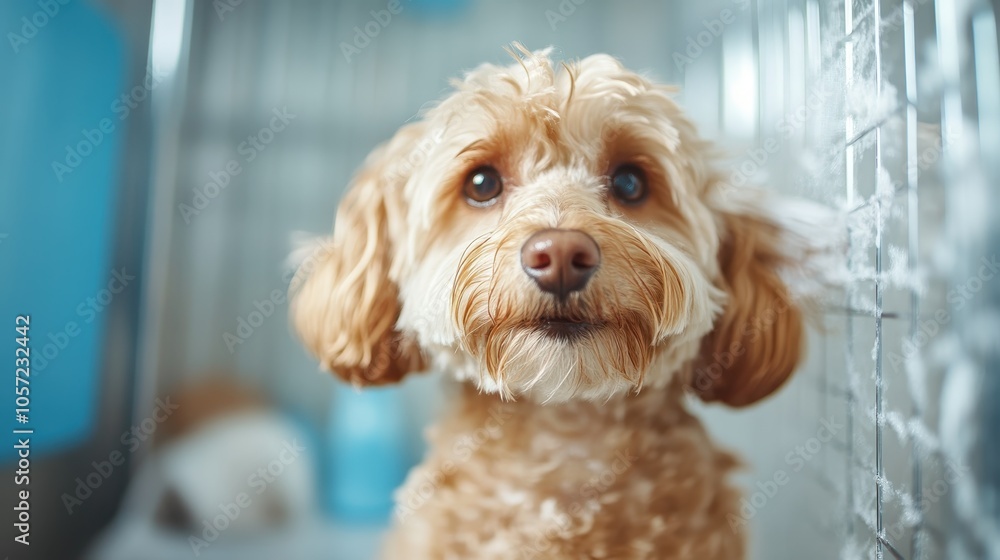 A cute dog with fluffy fur waits patiently inside a clean, well-lit kennel before its grooming session, exuding a calm and trusting attitude.
