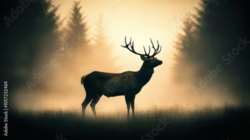 Fog-Laden Pines in Deer SilhouetteSilhouette of a buck containing a dense, fog-filled forest with shadows between the pines, adding mystery and depth to the deer’s profile.