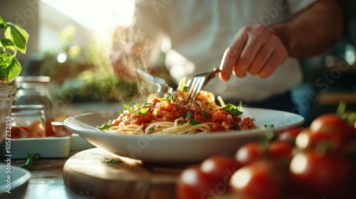 An inviting scene captures hands enthusiastically preparing a plate of steaming spaghetti, generously topped with savory tomato sauce and garnished with fresh basil leaves. photo