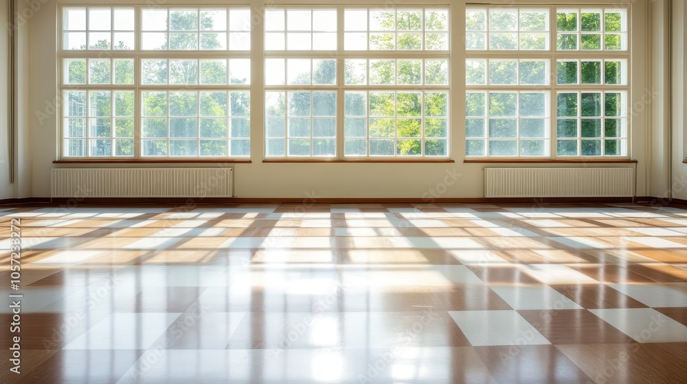 An empty sun-drenched room featuring large grid windows allowing ample natural light to flood in, highlighting the polished parquet wooden flooring. An empty sun-drenched room featuring large grid windows allowing ample natural light to flood in, highlighting the polished parquet wooden flooring.