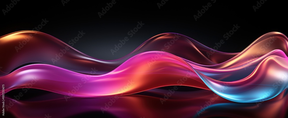 A vibrant wave of colorful flowing shapes against a dark background, suggesting motion and fluidity.