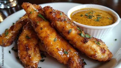 Chicken Tenders with Honey Mustard - golden chicken tenders served with a honey mustard dip