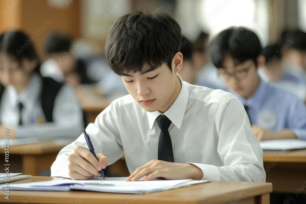 A Young Man in a White Shirt and Tie Writing in a Classroom