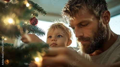 A father and young child together decorate a Christmas tree with ornaments, capturing a familial bond and festive joy in an intimate and endearing composition.