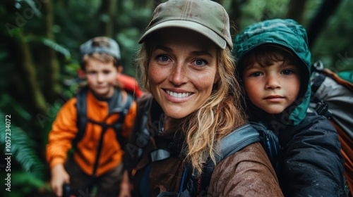 A mother and her kids embark on a scenic hike through the forest, sharing laughter and bonding in the lush, rejuvenating beauty of nature's embrace.