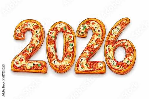 Top view of 2026 lettering made from pepperoni pizza on white background, food illustration photo