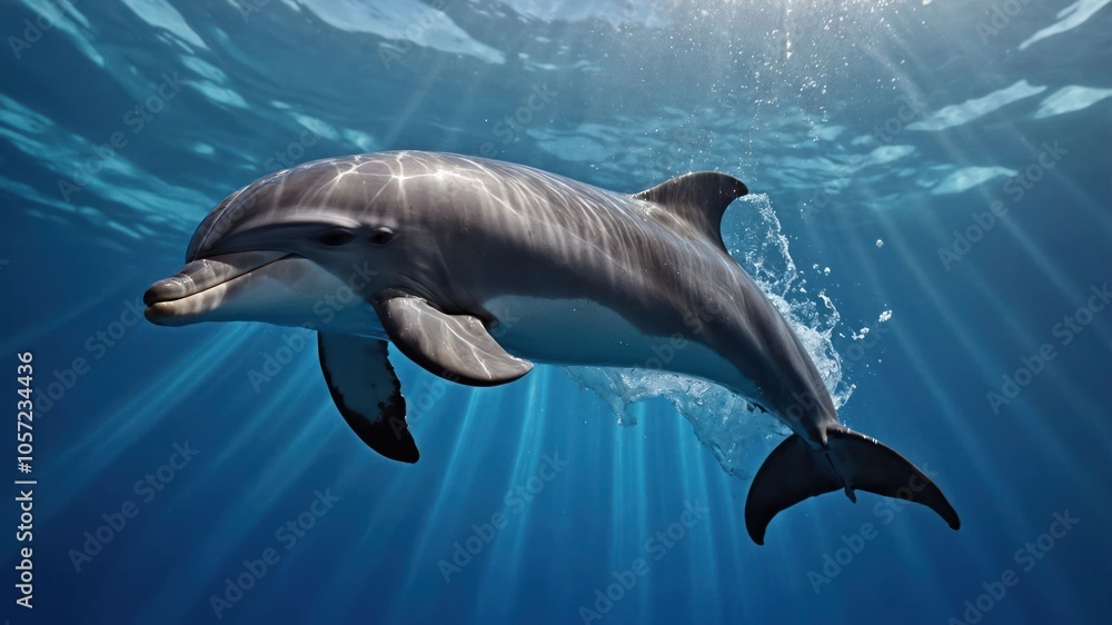 A dolphin swimming gracefully underwater, illuminated by beams of sunlight. A dolphin swimming gracefully underwater, illuminated by beams of sunlight.