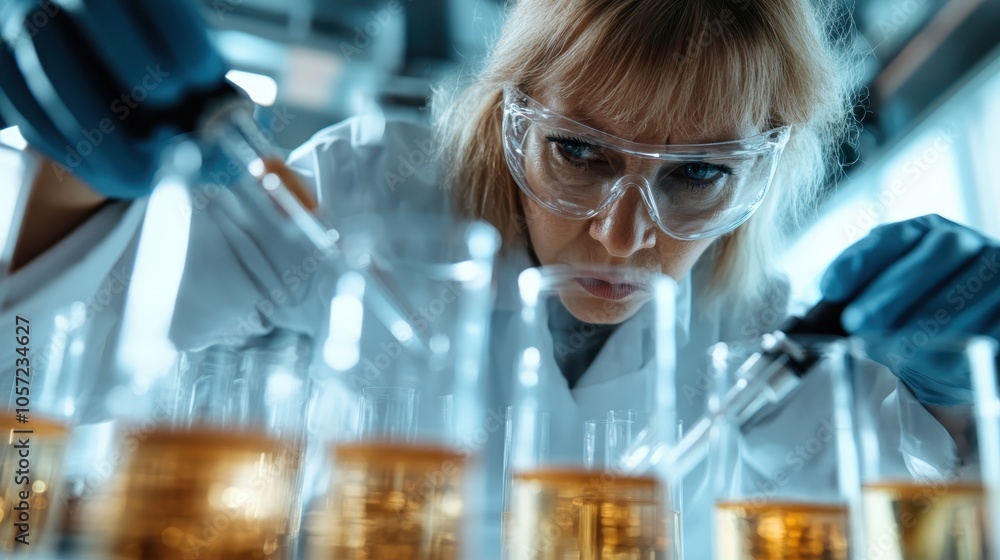 A dedicated scientist examines chemical samples with serious focus, in a cutting-edge laboratory, advancing scientific knowledge with careful methodical procedures. A dedicated scientist examines chemical samples with serious focus, in a cutting-edge laboratory, advancing scientific knowledge with careful methodical procedures.