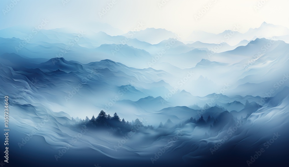A serene landscape of misty mountains in shades of blue, evoking tranquility and depth. A serene landscape of misty mountains in shades of blue, evoking tranquility and depth.