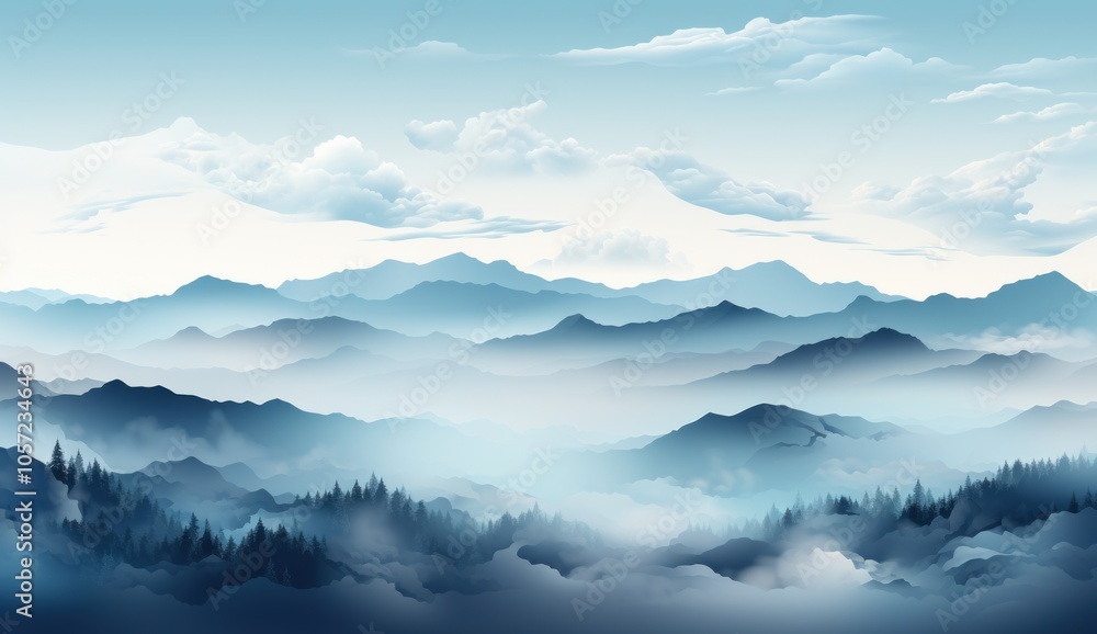 A serene landscape of misty mountains and soft clouds in a tranquil blue color palette. A serene landscape of misty mountains and soft clouds in a tranquil blue color palette.