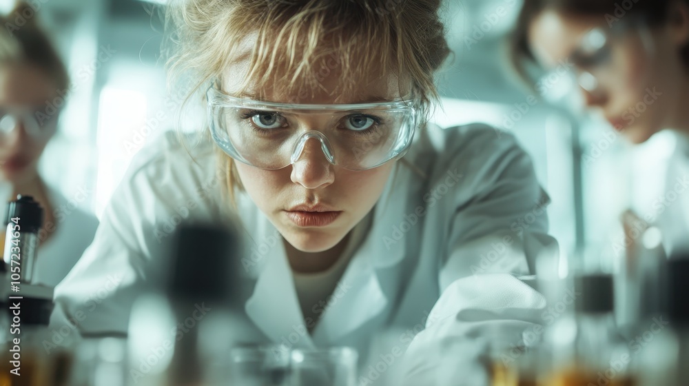 A dedicated scientist intensely focuses on her work in a lab, wearing protective goggles, highlighting the meticulous nature of scientific research and innovation. A dedicated scientist intensely focuses on her work in a lab, wearing protective goggles, highlighting the meticulous nature of scientific research and innovation.