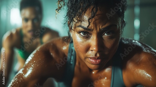 A determined woman engages intensely in a workout, her face glistening with sweat, showcasing dedication and focus with a blurred figure in the background.