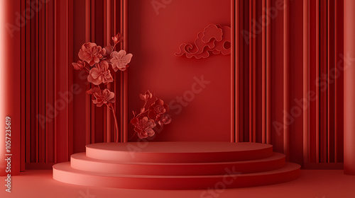 High-Resolution 3D Render of Chinese New Year Podium A striking 3D render showcasing a red background podium adorned with Chinese New Year elements in a paper-cut style. The minima 4k, Generative AI.