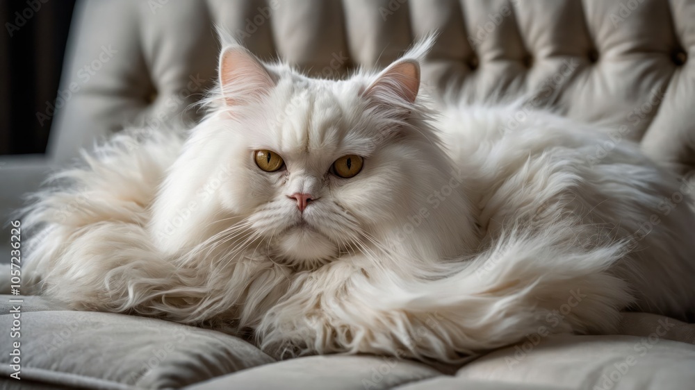 A fluffy white cat with striking yellow eyes lounging on a plush couch. A fluffy white cat with striking yellow eyes lounging on a plush couch.
