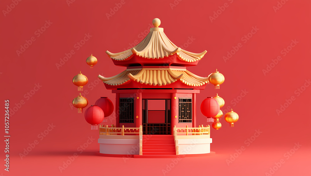 Chinese New Year background with temple of wealth and lantern elements, red color theme, simple shape vector illustration. 3D rendering of a cartoon Chinese-style door. Red Chinese 4k, Generative AI. Chinese New Year background with temple of wealth and lantern elements, red color theme, simple shape vector illustration. 3D rendering of a cartoon Chinese-style door. Red Chinese 4k, Generative AI.