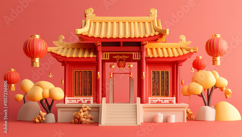  3D rendering of a cartoon Chinese New Year red temple with lanterns and golden decorations on a flat background, in a minimalist style with a simple structure and a red color theme,4k, Generative AI.