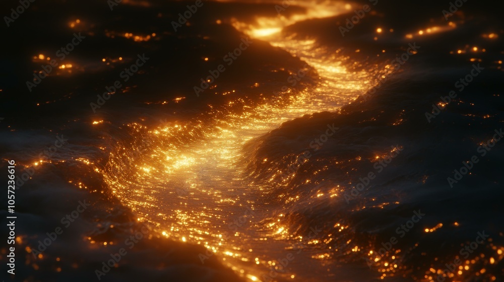 Naklejka premium Erupting Volcano in the Night, Glowing Lava Flow