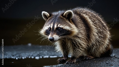 A close-up of a raccoon standing on a wet surface, showcasing its distinctive features.