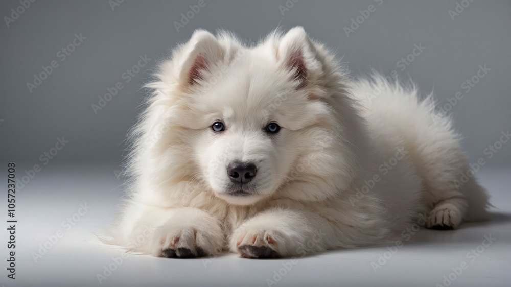 A fluffy white Samoyed puppy resting on a smooth surface, showcasing its adorable features. A fluffy white Samoyed puppy resting on a smooth surface, showcasing its adorable features.