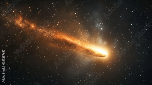 bright comet with a fiery tail crossing a dark sky full of constellations, leaving a trail of bright dust generative ai