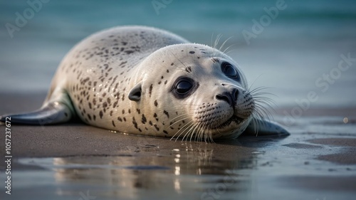 A close-up of a spotted seal resting on a sandy beach by the water.