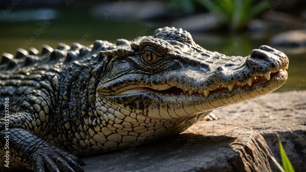 A close-up of a crocodile resting on a rock by the water. A close-up of a crocodile resting on a rock by the water.