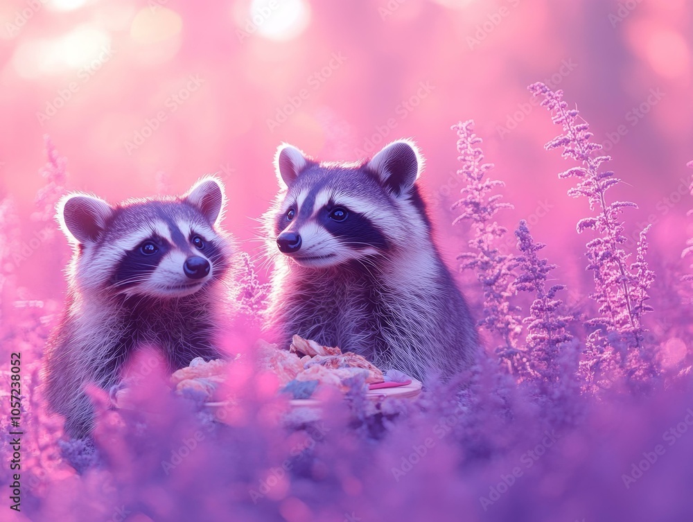 Obraz premium Adorable Raccoon Duo in a Magical Purple Field