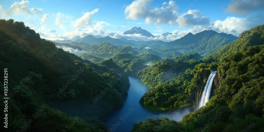 Obraz premium Majestic Waterfall in Lush Tropical Rainforest with Mountain Views