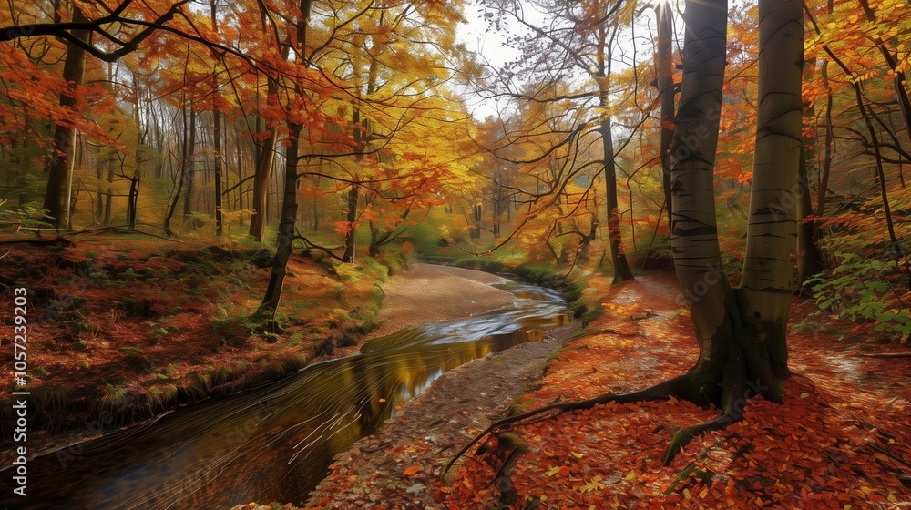 : An expansive autumn landscape featuring a forest stream flowing through a valley. The trees are a mix of fiery reds, deep oranges, and golden yellows. Fallen leaves float gently on the water, : An expansive autumn landscape featuring a forest stream flowing through a valley. The trees are a mix of fiery reds, deep oranges, and golden yellows. Fallen leaves float gently on the water,
