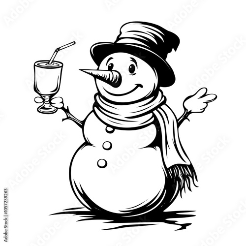 Cheerful snowman with top hat and scarf holding a festive drink in a glass with straw