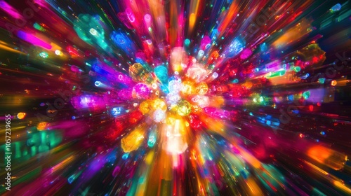 Neon explosion of color, with glowing shapes and bright hues illuminating the abstract scene, powerful and electric