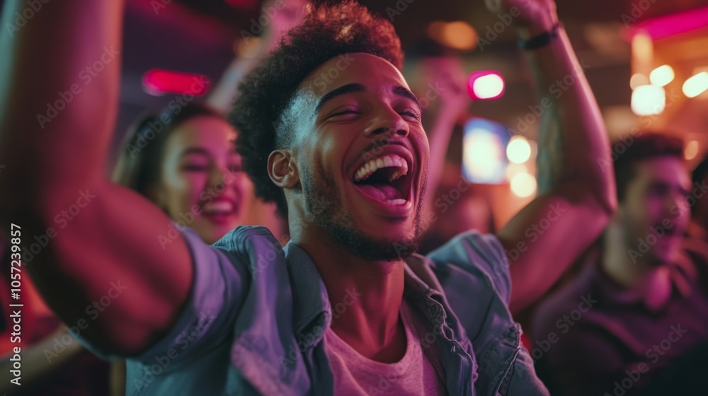 A man is smiling and laughing while surrounded by a group of people A man is smiling and laughing while surrounded by a group of people