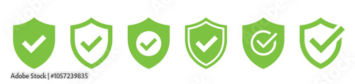 Shield with check mark icon set. Security, protection, approve, checkmark, tick, accept, green collection - stock vector.
