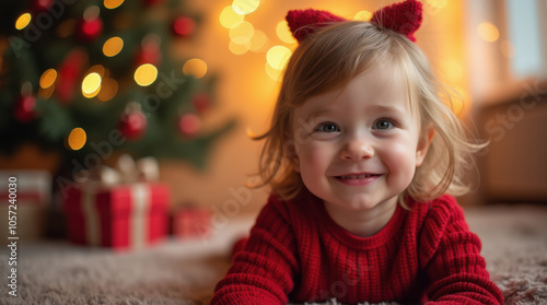 Adorable Child Enjoying Christmas Moment with Gifts and Cozy Firelight Ambiance