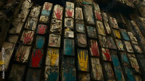 Colorful handprints painted on weathered wooden boards.