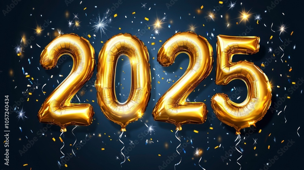Golden Balloon Numbers 2025 with Confetti and Sparkles on Dark Background Golden Balloon Numbers 2025 with Confetti and Sparkles on Dark Background