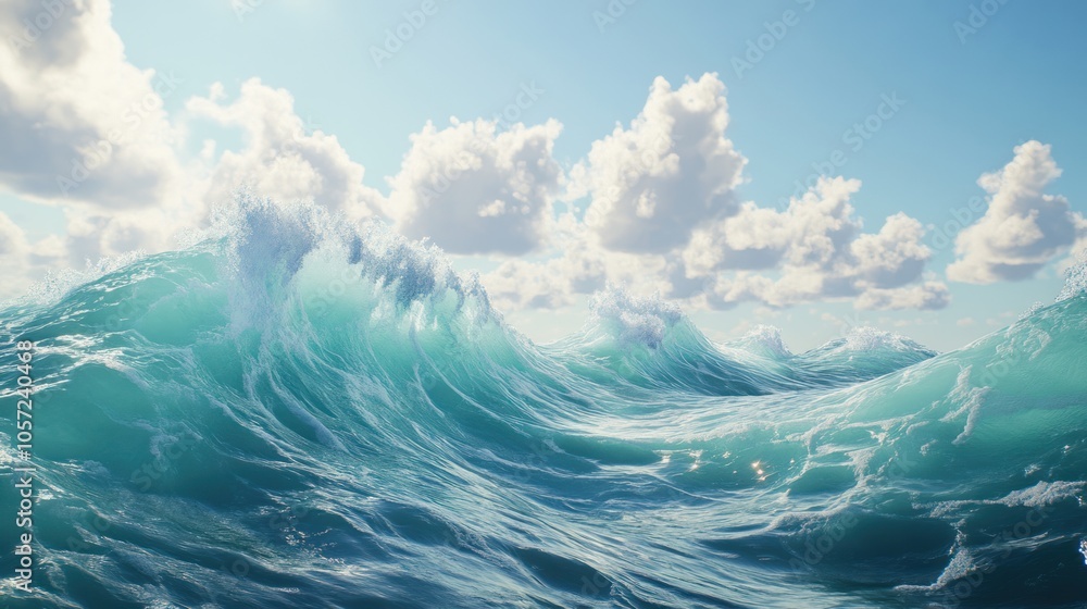 Ocean waves with blue-green hues, sunlight catching on the foamy tips, creating a dynamic wave scene Ocean waves with blue-green hues, sunlight catching on the foamy tips, creating a dynamic wave scene