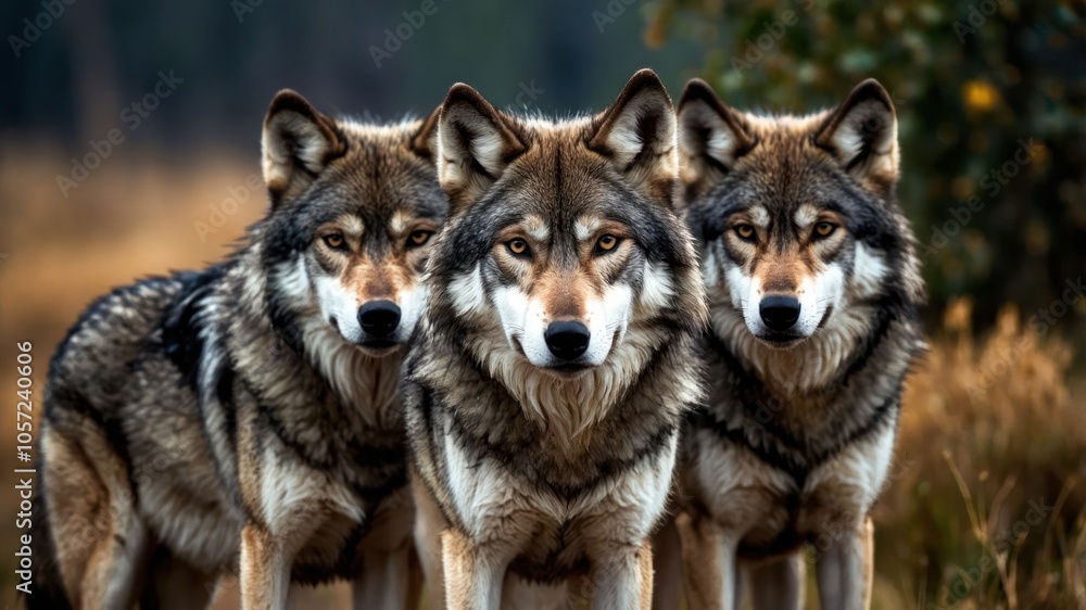 Three wolves standing together in a natural setting, showcasing their majestic features. Three wolves standing together in a natural setting, showcasing their majestic features.