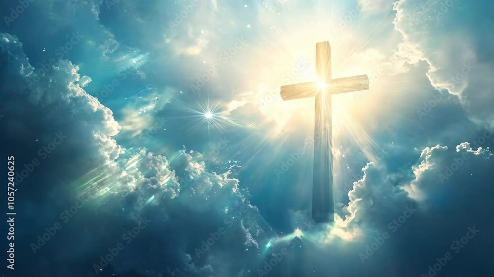 Floating cross in luminous sky, radiating faith and hope Floating cross in luminous sky, radiating faith and hope