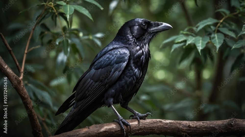 A raven perched on a branch amidst a lush green background. A raven perched on a branch amidst a lush green background.