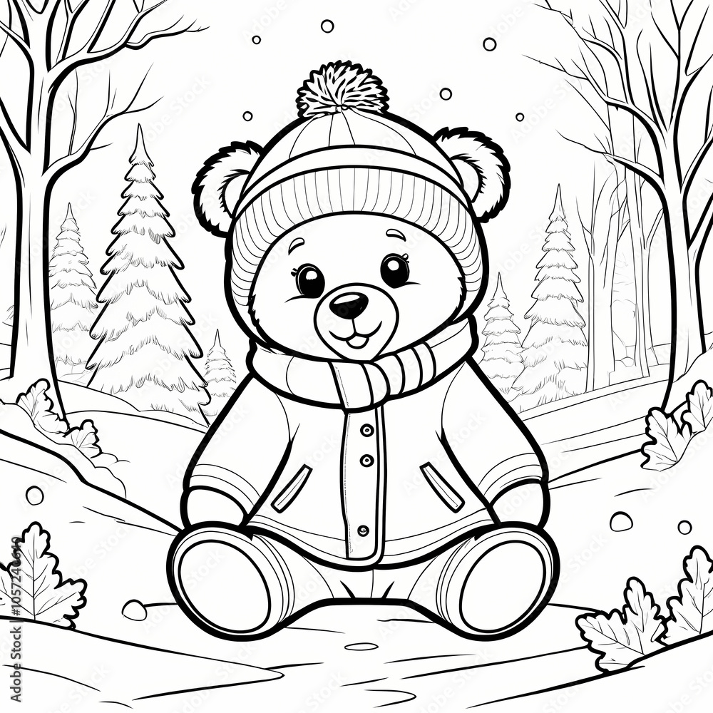 Coloring page of a cute cartoon teddy bear in winter clothes enjoying the snow. Coloring book for kids Coloring page of a cute cartoon teddy bear in winter clothes enjoying the snow. Coloring book for kids